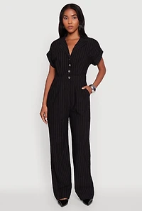 Womens Trendy Pinstripe Button Front Pleated Jumpsuit, Black,