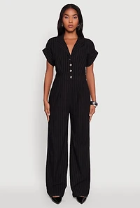 Womens Trendy Pinstripe Button Front Pleated Jumpsuit, Black,