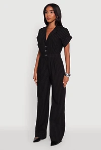 Womens Trendy Pinstripe Button Front Pleated Jumpsuit, Black,