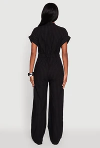 Womens Trendy Pinstripe Button Front Pleated Jumpsuit, Black,