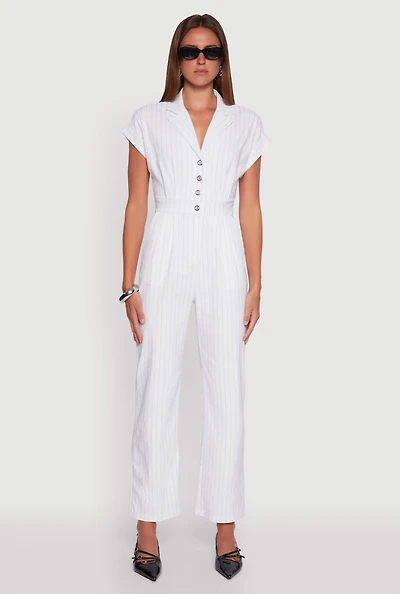 Womens Trendy Pinstripe Button Front Pleated Jumpsuit, White, Size S