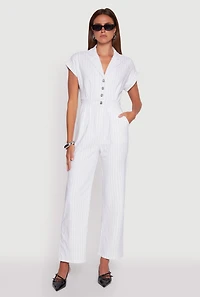 Womens Trendy Pinstripe Button Front Pleated Jumpsuit, White, Size S
