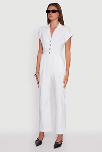 Womens Trendy Pinstripe Button Front Pleated Jumpsuit, White, Size S
