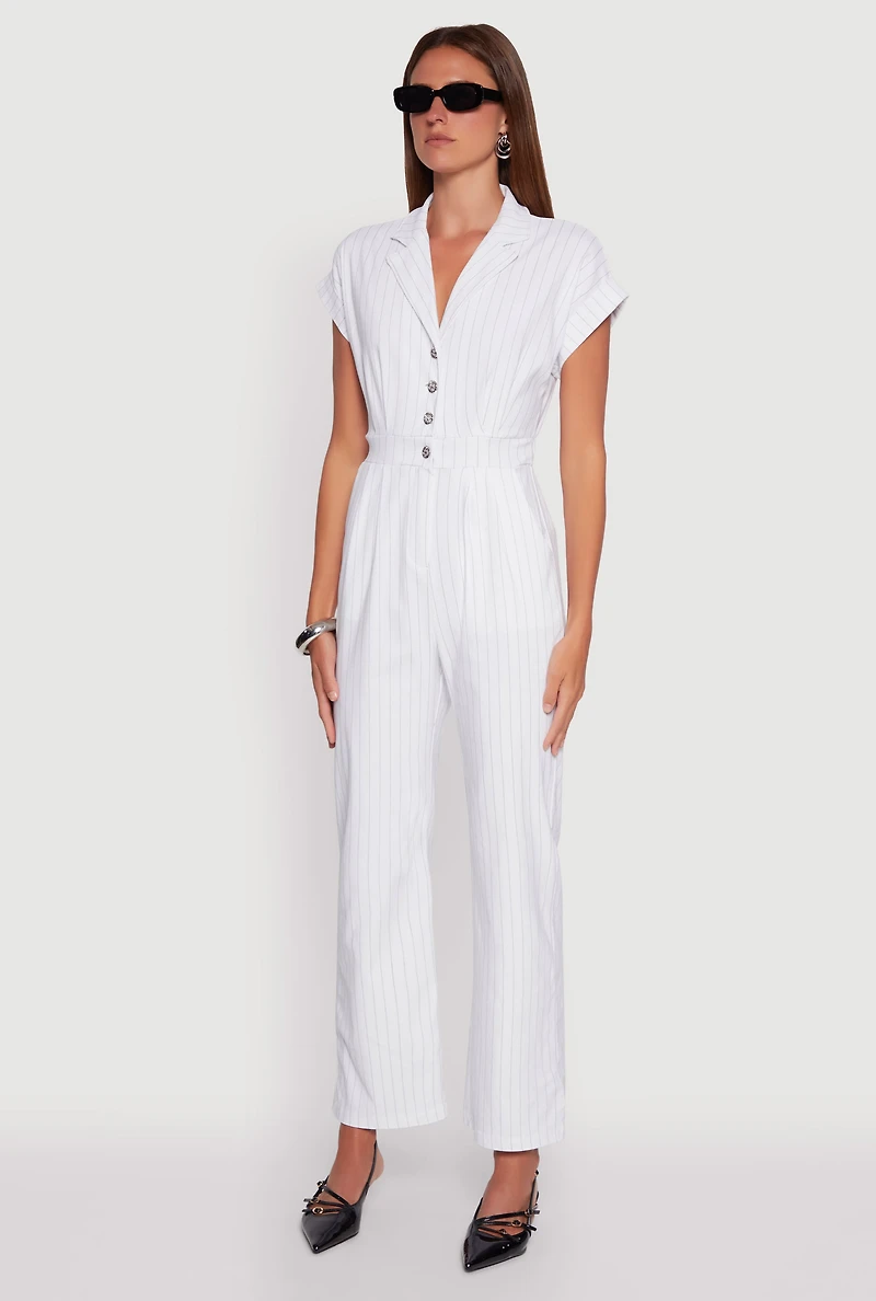 Womens Trendy Pinstripe Button Front Pleated Jumpsuit, White, Size M
