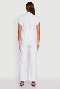 Womens Trendy Pinstripe Button Front Pleated Jumpsuit, White, Size XL