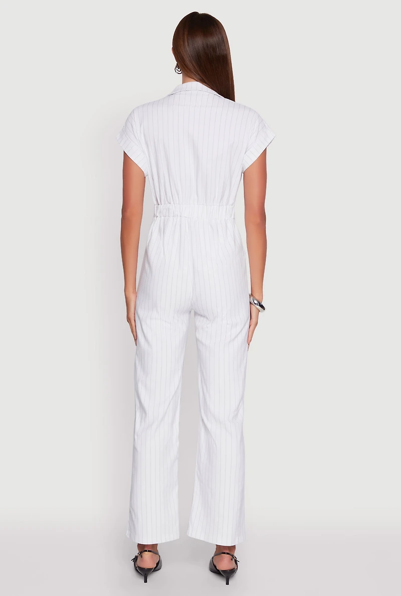 Womens Trendy Pinstripe Button Front Pleated Jumpsuit, White, Size M