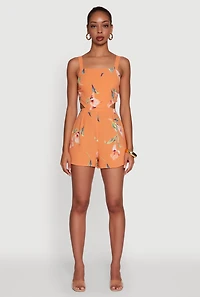 Womens Floral Print Crepe Knit Sleeveless Romper, Orange, Size S