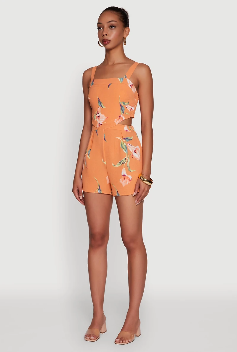 Womens Floral Print Crepe Knit Sleeveless Romper, Orange, Size S