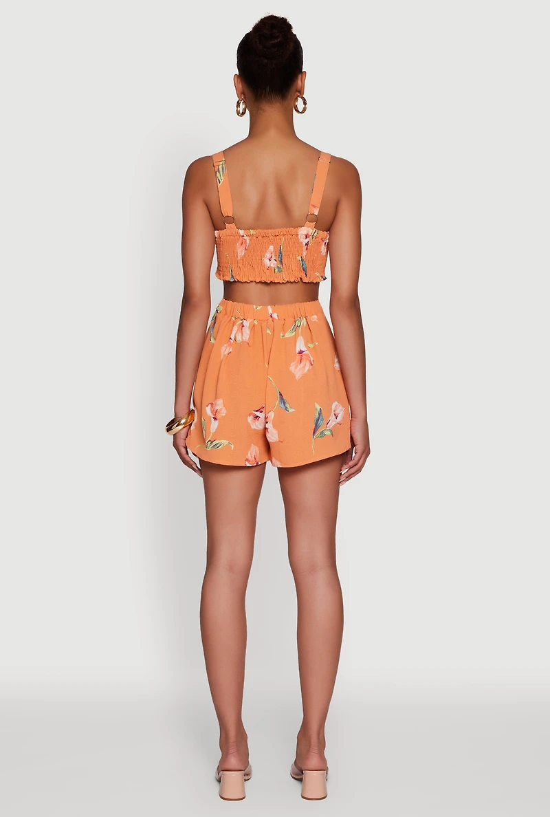 Womens Floral Print Crepe Knit Sleeveless Romper, Orange, Size S
