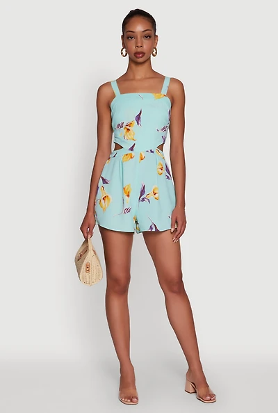Womens Floral Print Crepe Knit Sleeveless Romper, Blue, Size L