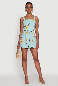 Womens Floral Print Crepe Knit Sleeveless Romper, Blue, Size L
