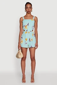 Womens Floral Print Crepe Knit Sleeveless Romper,
