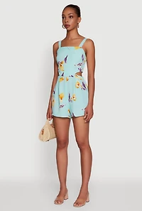 Womens Floral Print Crepe Knit Sleeveless Romper, Blue, Size L