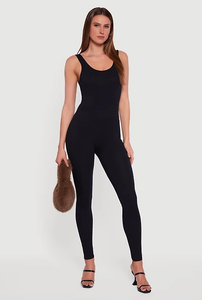 Womens Sleeveless Scoop Neck Catsuit, Black,