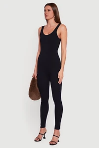 Womens Sleeveless Scoop Neck Catsuit, Black, Size L