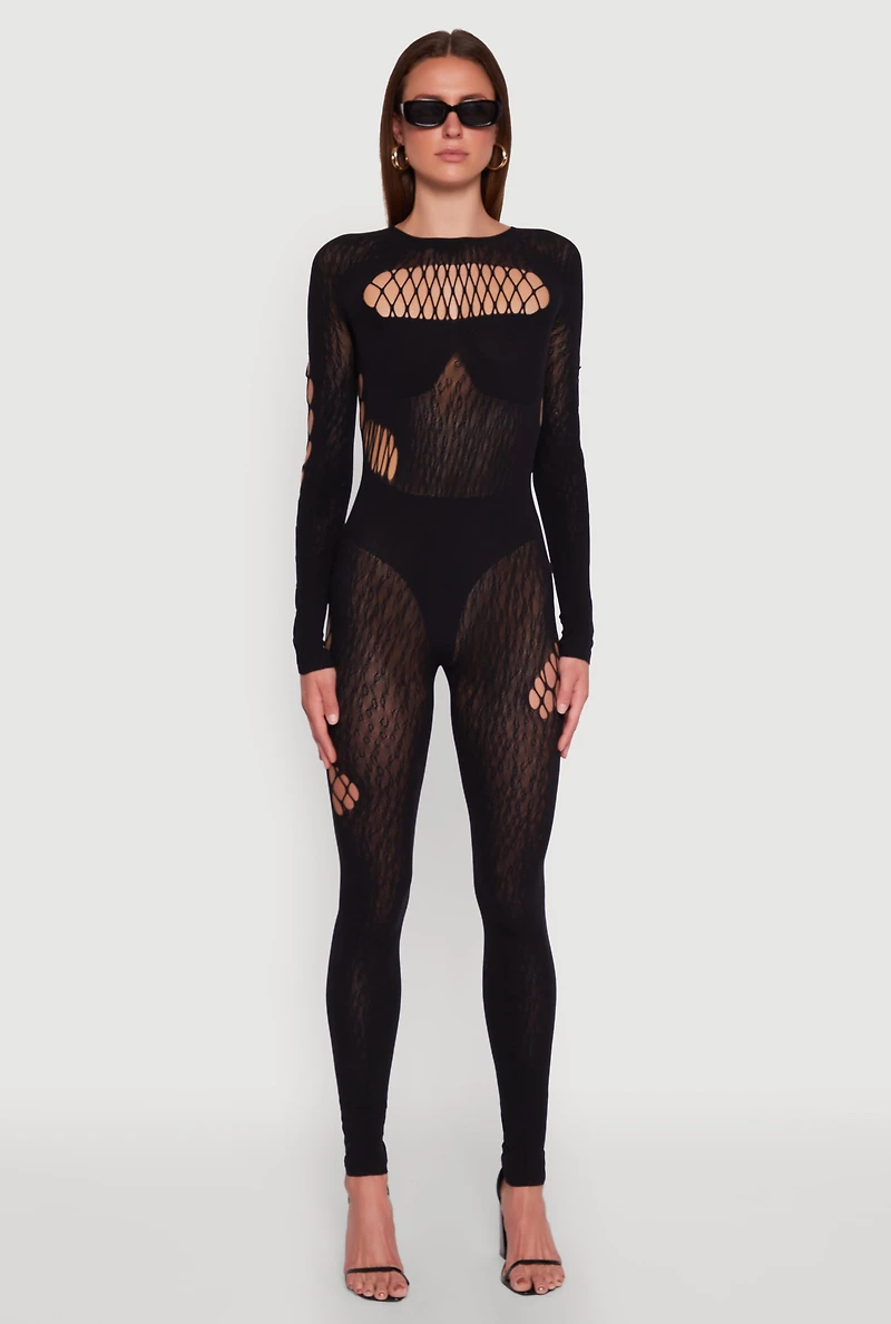 Womens Seamless Leopard Print Laser Cut Fishnet Catsuit, Black