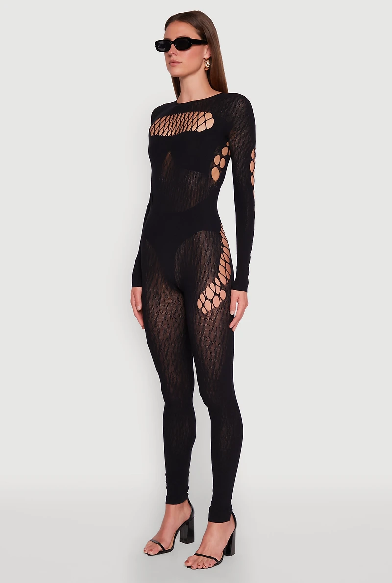 Womens Seamless Leopard Print Laser Cut Fishnet Catsuit, Black