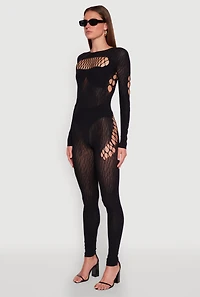 Womens Seamless Leopard Print Laser Cut Fishnet Catsuit, Black