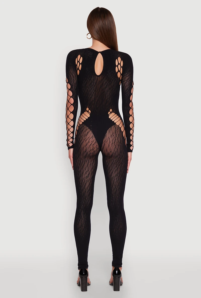Womens Seamless Leopard Print Laser Cut Fishnet Catsuit, Black