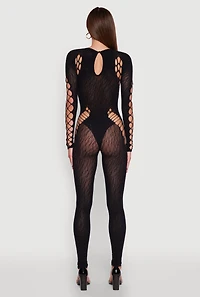 Womens Seamless Leopard Print Laser Cut Fishnet Catsuit, Black