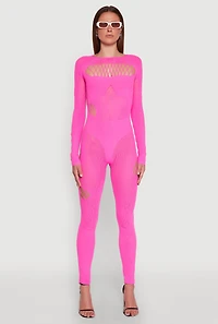 Womens Seamless Leopard Print Laser Cut Fishnet Catsuit, Pink