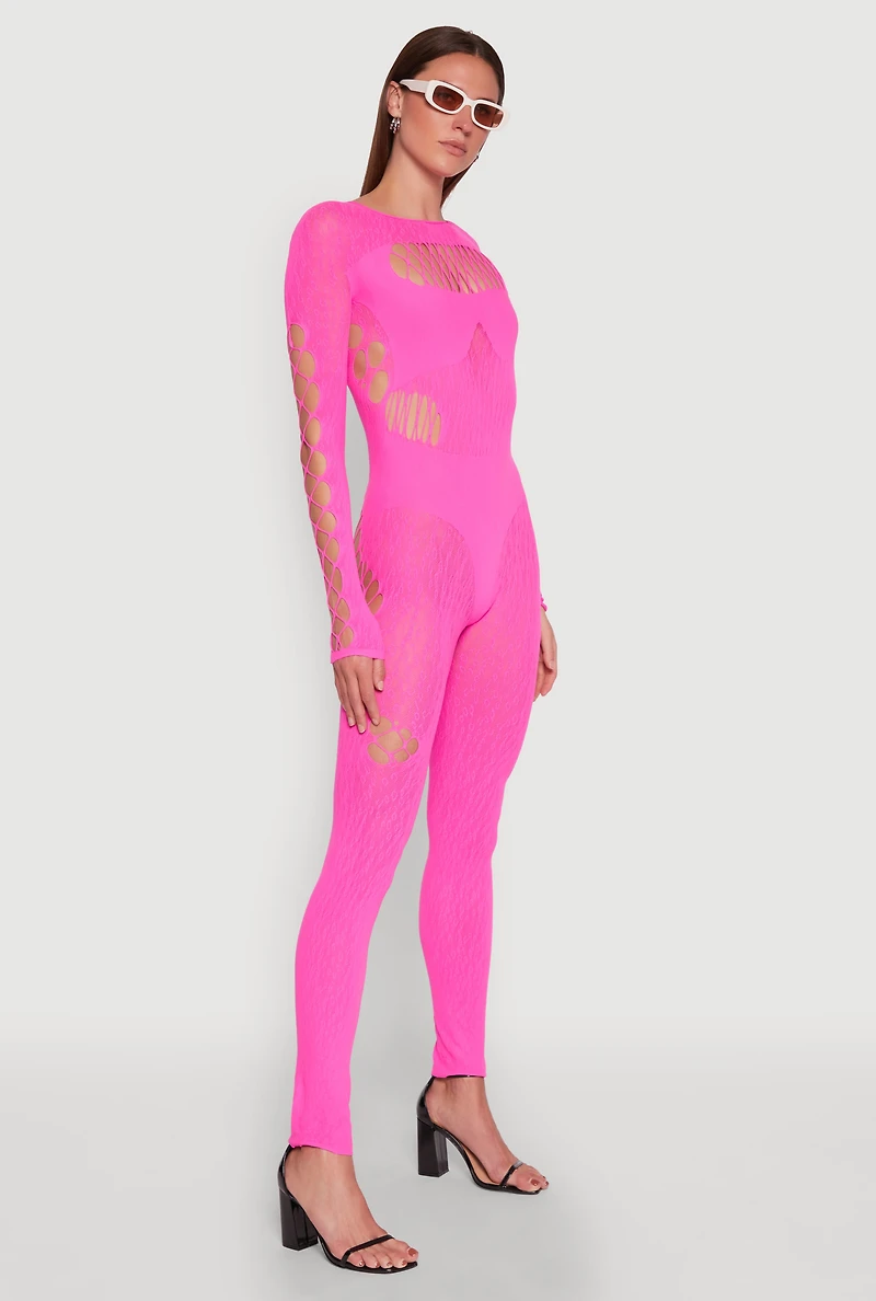 Seamless Leopard Print Laser Cut Fishnet Catsuit