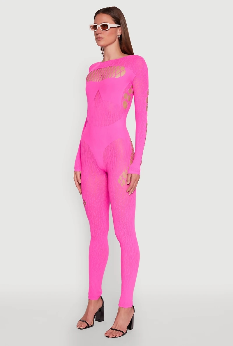 Seamless Leopard Print Laser Cut Fishnet Catsuit