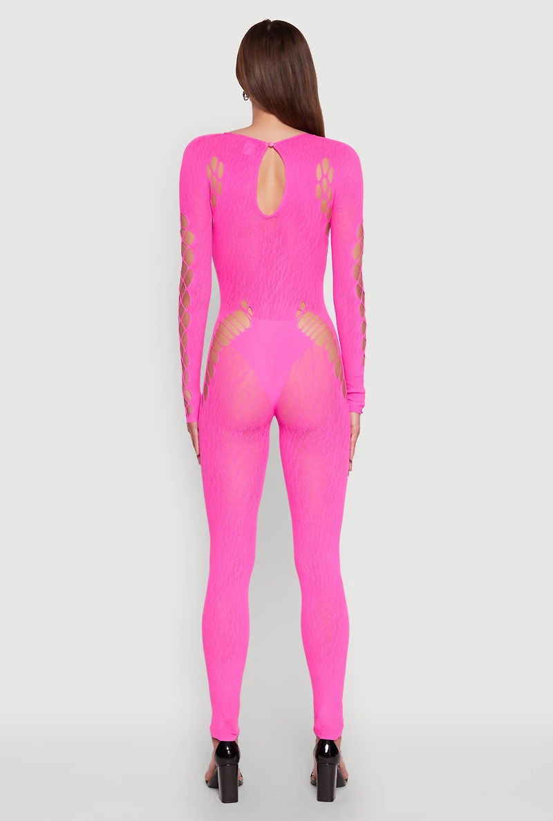 Womens Seamless Leopard Print Laser Cut Fishnet Catsuit, Pink