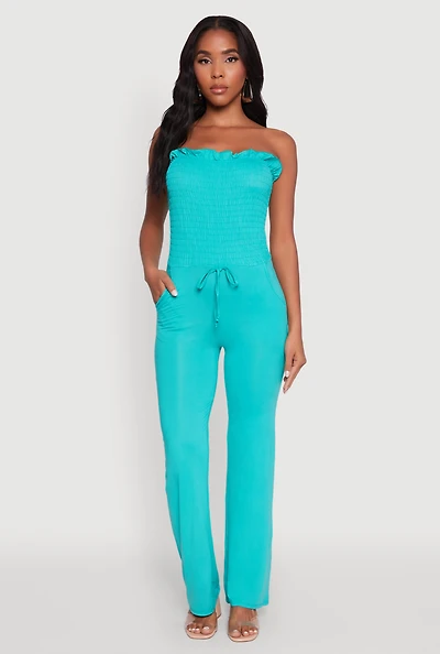Chic Smocked Strapless Ruffle Jumpsuit with Faux Drawstring
