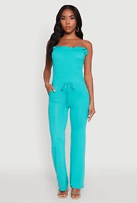 Chic Smocked Strapless Ruffle Jumpsuit with Faux Drawstring