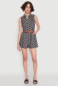 Womens Printed Pattern Sleeveless Romper with Belt, Multi, Size L