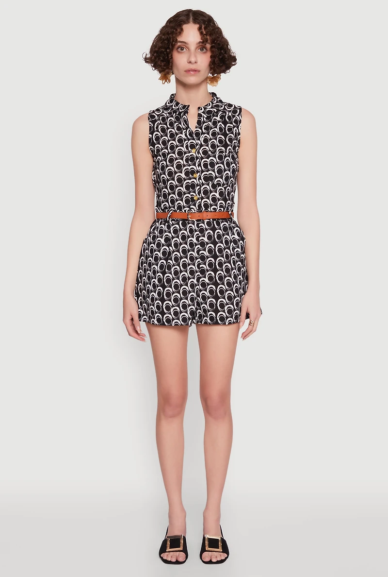 Womens Printed Pattern Sleeveless Romper with Belt, Multi, Size M