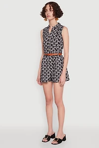 Womens Printed Pattern Sleeveless Romper with Belt, Multi, Size M