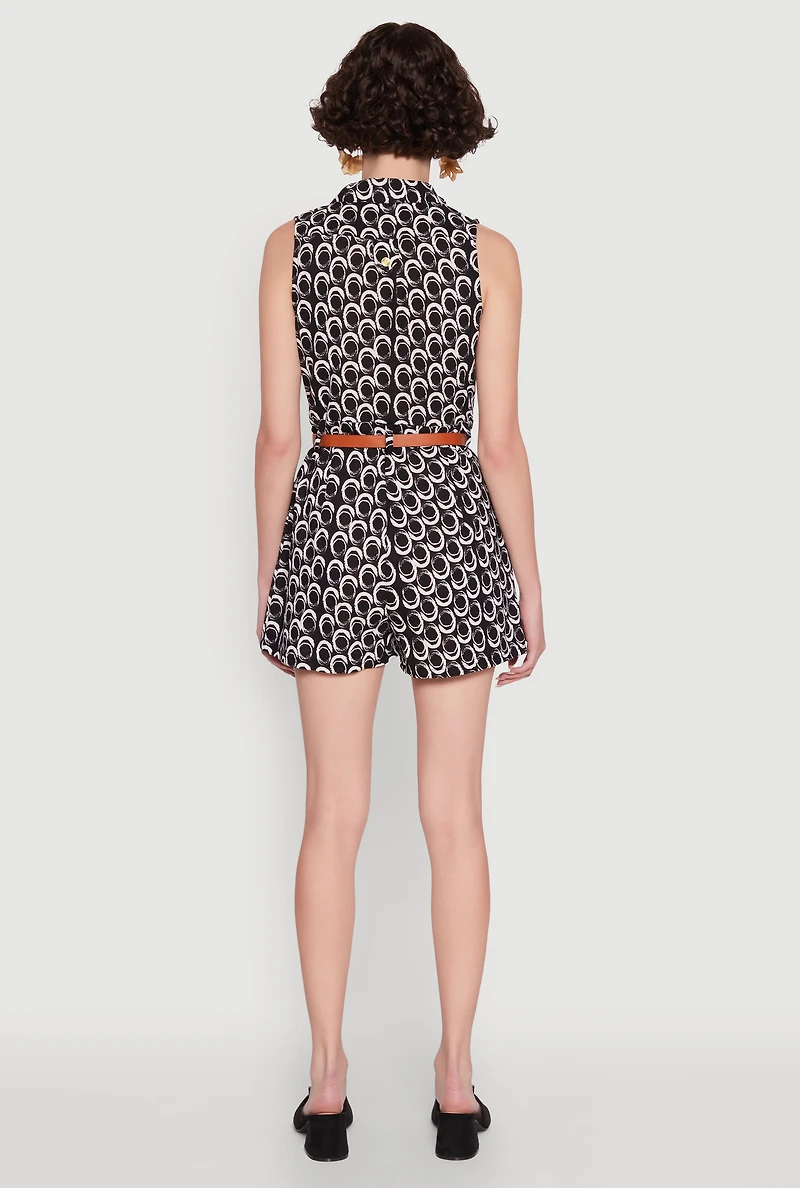 Womens Printed Pattern Sleeveless Romper with Belt, Multi, Size M
