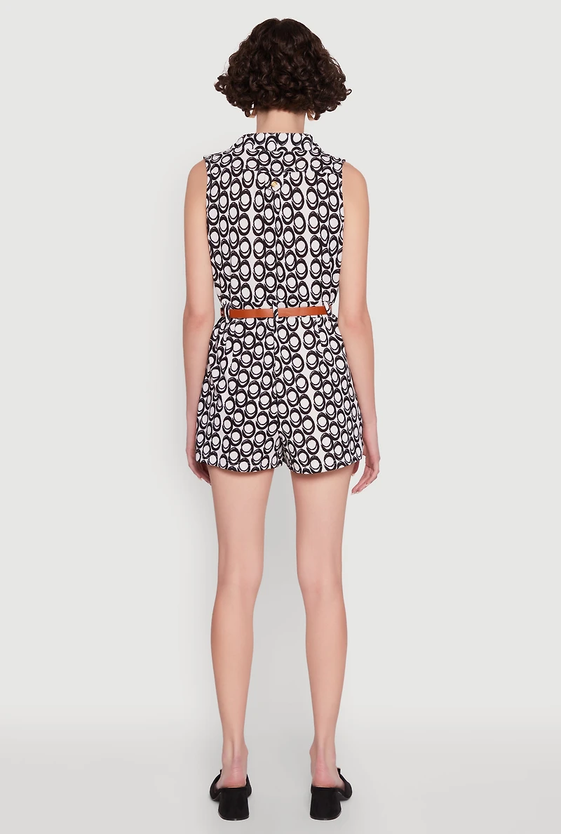 Womens Printed Pattern Sleeveless Romper with Belt, Multi,