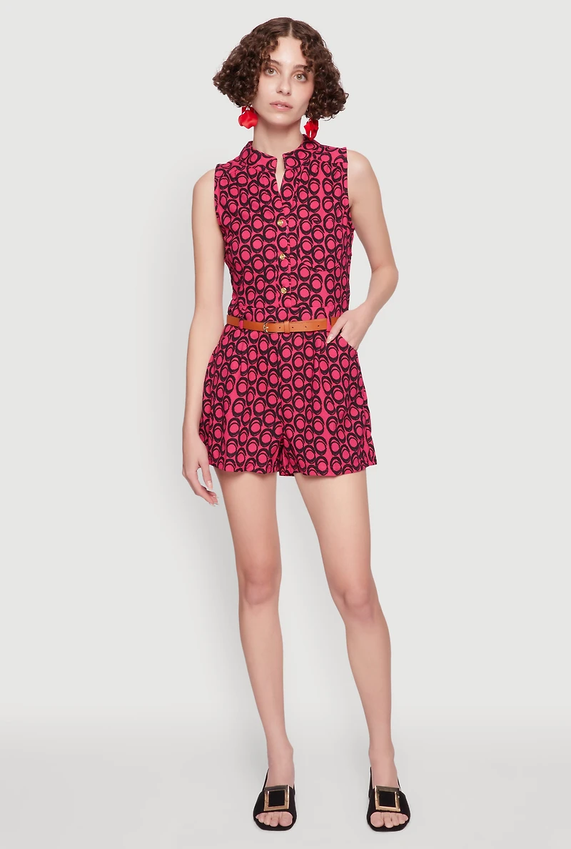 Printed Pattern Sleeveless Romper with Belt