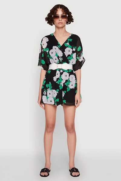 Womens Chiffon Floral Print V Neck Wrap Romper with Belt, Multi, Size XL