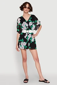 Womens Chiffon Floral Print V Neck Wrap Romper with Belt, Multi,