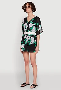 Womens Chiffon Floral Print V Neck Wrap Romper with Belt, Multi,