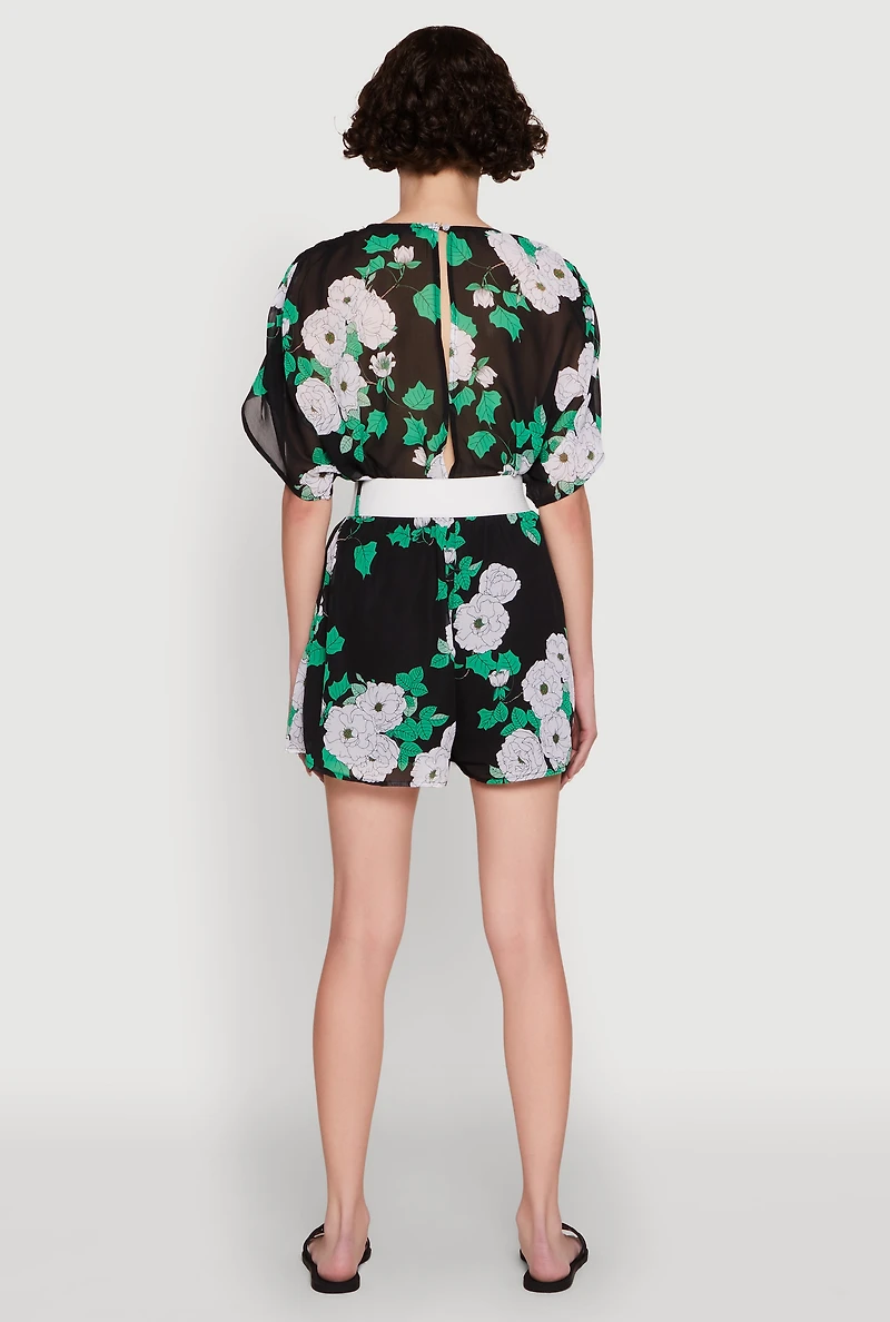 Womens Chiffon Floral Print V Neck Wrap Romper with Belt, Multi,