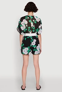 Womens Chiffon Floral Print V Neck Wrap Romper with Belt, Multi,