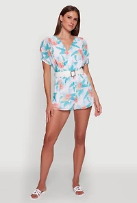 Womens Chiffon Floral Print V Neck Wrap Romper with Belt, Multi,