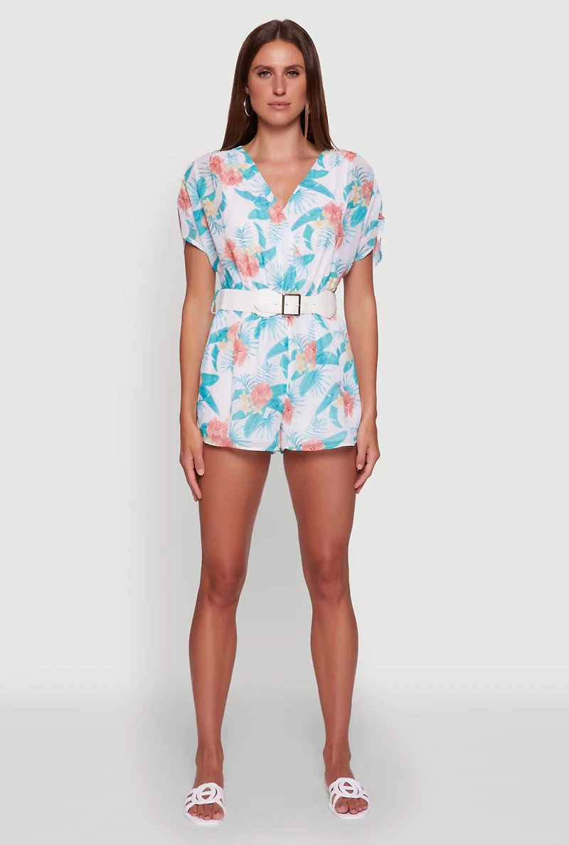Womens Chiffon Floral Print V Neck Wrap Romper with Belt, Multi,