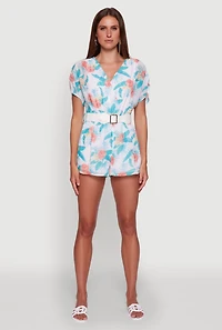 Womens Chiffon Floral Print V Neck Wrap Romper with Belt, Multi,