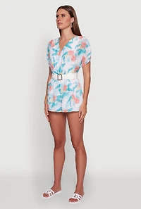 Womens Chiffon Floral Print V Neck Wrap Romper with Belt, Multi,