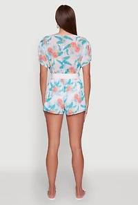 Womens Chiffon Floral Print V Neck Wrap Romper with Belt, Multi,