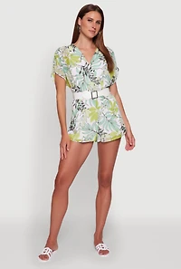 Womens Chiffon Floral Print V Neck Wrap Romper with Belt,