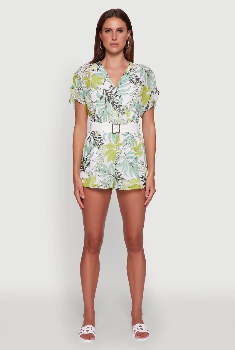 Womens Chiffon Floral Print V Neck Wrap Romper with Belt, XL
