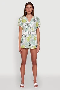 Womens Chiffon Floral Print V Neck Wrap Romper with Belt, XL