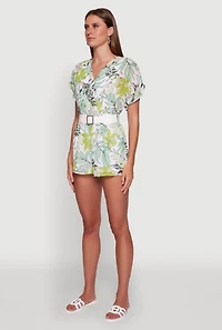 Womens Chiffon Floral Print V Neck Wrap Romper with Belt,